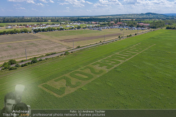 Biofeldtage Tag 2 - Seehof, Donnerskirchen - Sa 07.08.2021 - Schriftzug Biofeldtage 2021 in Feld gemäht von oben, Luftbild, 326